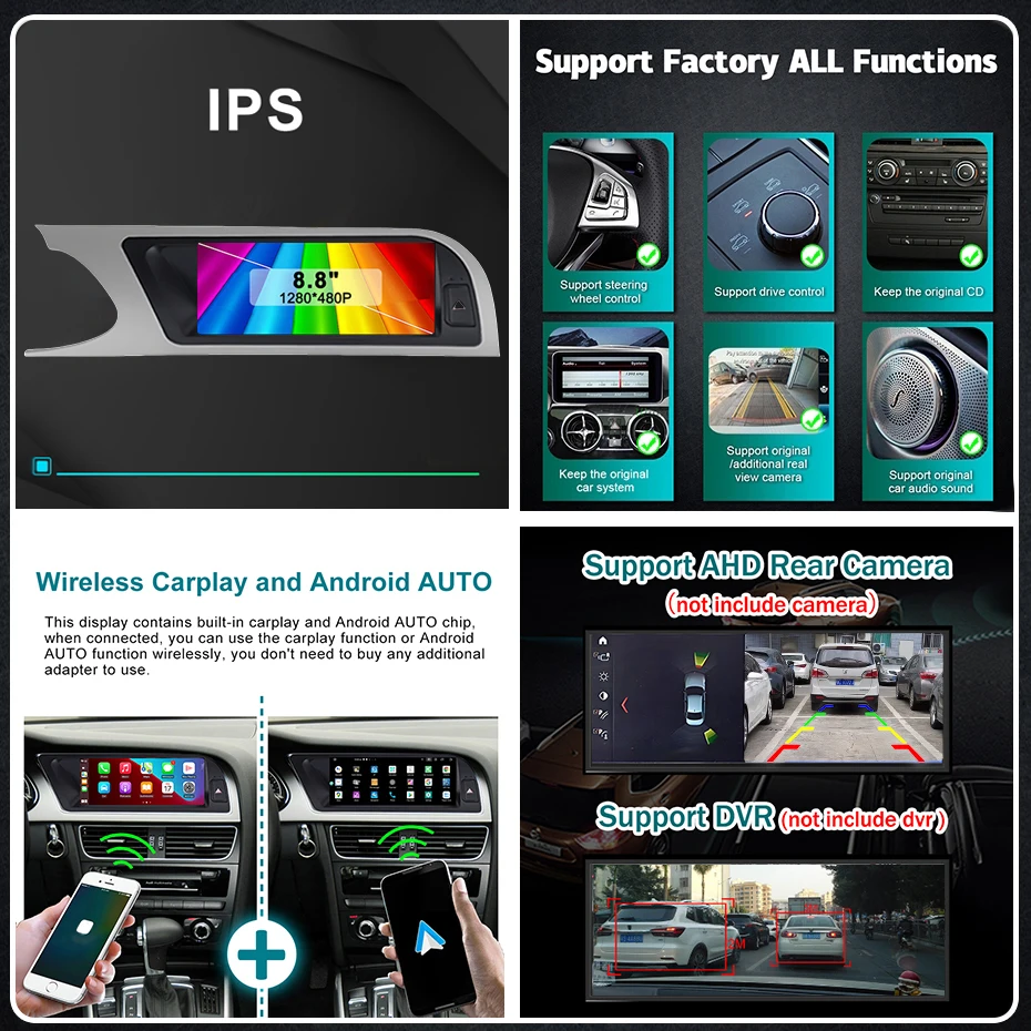 Pantalla de radio para coche de 8.8'' con Carplay inalámbrico y Android 15 para Audi A4 B8 2009-2016, estéreo 2Din, reproductor multimedia GPS, Google 4G LTE 6