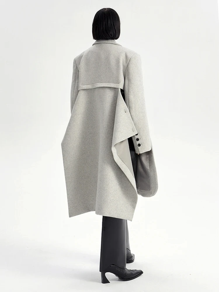[EAM] Loose Fit Gray Irregular Big Size Long Woolen Coat Parkas New Long Sleeve Women Fashion Tide Autumn Winter 2024 17A1311H