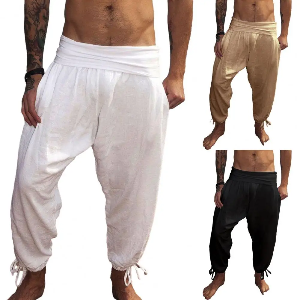 Solid Color Pants Men Pants Vintage Solid Color Men's with Wide Waistband Ankle-banded Design Breathable Soft for Beach