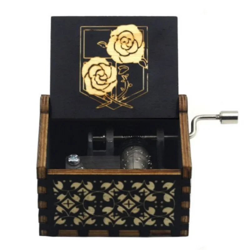 Hand-cranked music box, retro engraving, exquisite painting, attacking giants, the same creative ornament, wooden music box 6