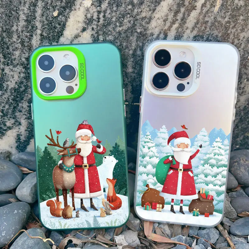Cartoon Weihnachtsmann Elch Schneemann Weihnachtsbaum Handyhülle für iPhone 13 12 11 Mini Pro Max 17 16 15 14 Pro Max Plus Laser-Cover – Detail 13