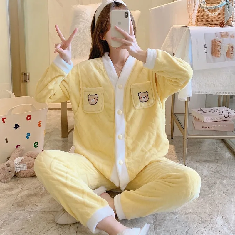 2023 New Autumn Winter Women Fleece V-neck Loungewear Postpartum Clothing Maternity Nursing Pregnancy Thick Coral Fleece Pajamas