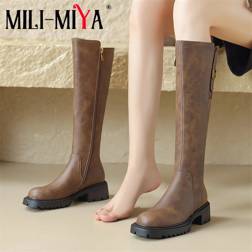 

MILI-MIYA Concise Retro Style Women Cow Leather Splicing Knee High Boots Round Toe Thick Heels Solid Color Handmade For Ladies