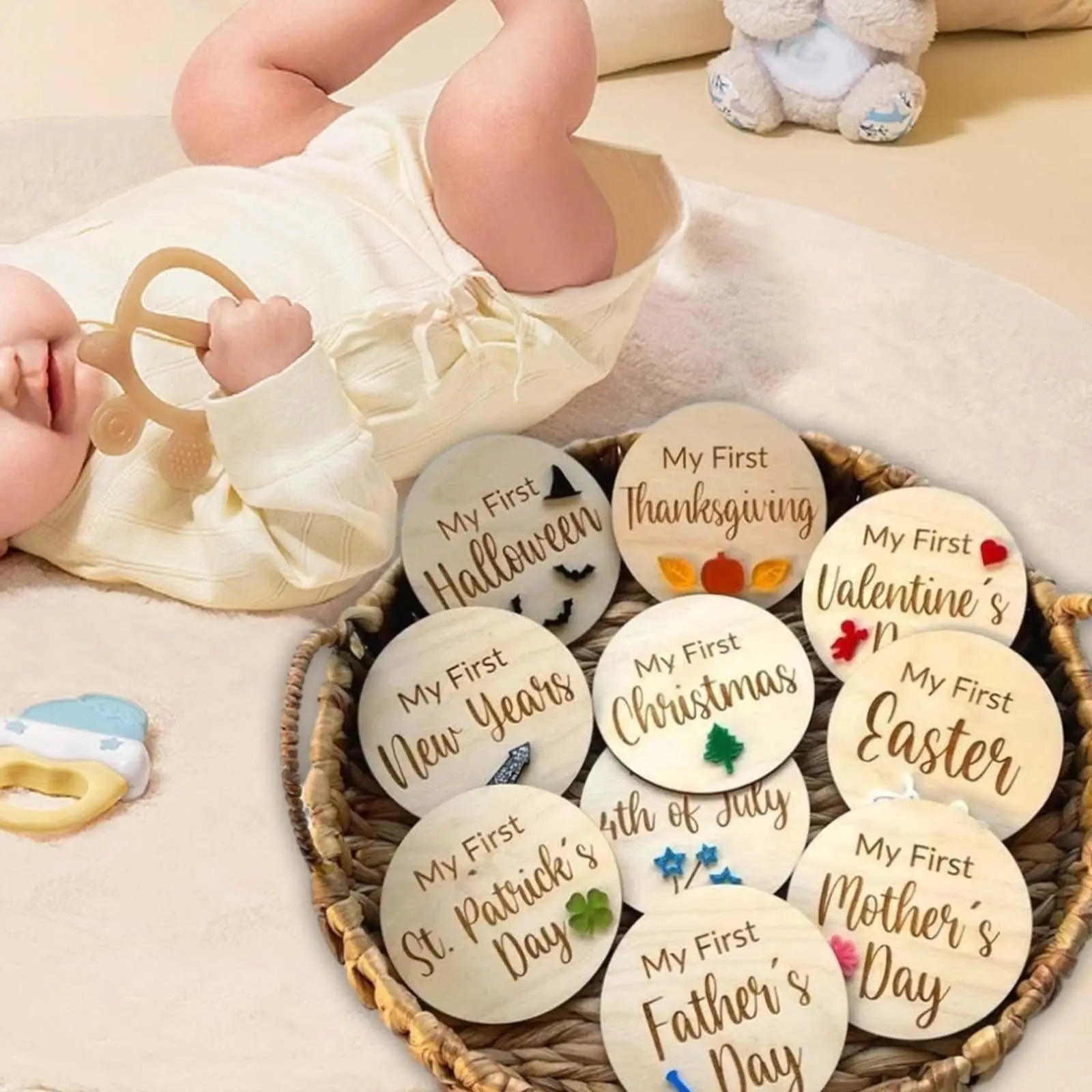 Monthly Milestone Photo Card Baby ?S Growth 10 Pieces Birth Sign Document Wooden Photography Prop for Baby Newborn Boy Girl