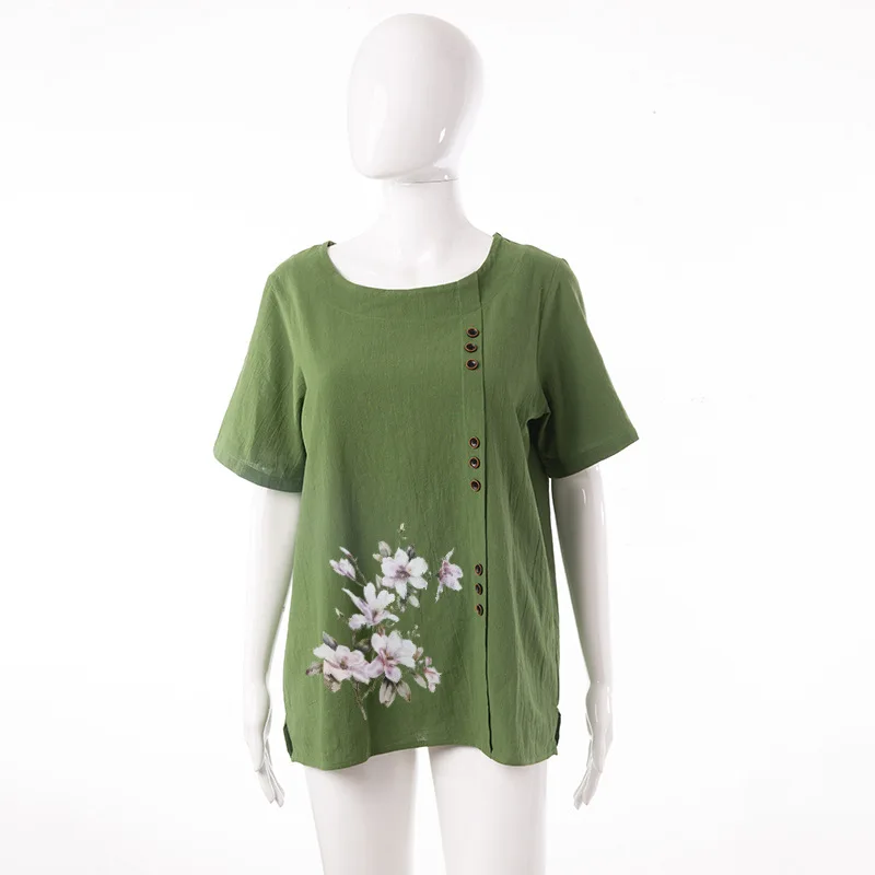 Cotton Linen Floral Short Sleeve Blouse for Women