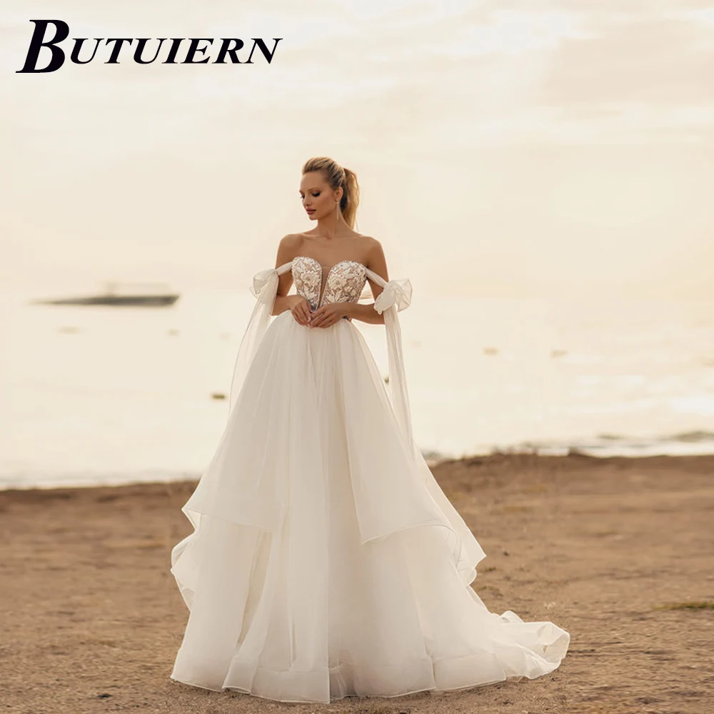 

BUTUIERN Sexy Illuson Appliques Wedding Dress Strapless Lace Aline Off Shoulder Bridal Gown Backless With Court Train Customised