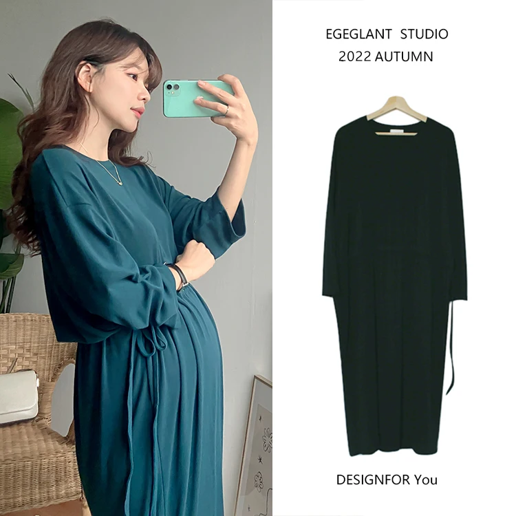 

Korean Style Solid Color Maternity Dress Long Sleeve Drawstring Waist Pregnant Woman Dress Plus Size Pregnancy Clothes Black