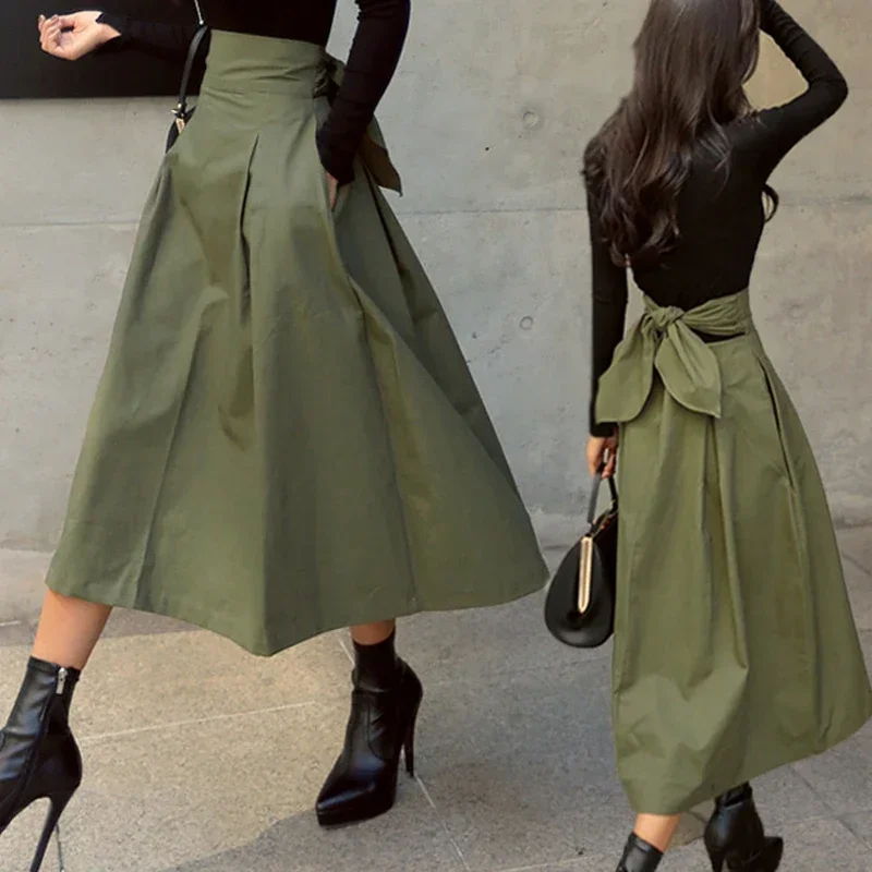 2023 New Autumn Black Skirts Womens Korean Fashion Solid Color Big Swing Female Skirt Long Skirt Wild High Waist Bow Slim Skirts golden bull head buckle turquoise cowskin leather belt fashion cowboy wild western style decorative belt for men women