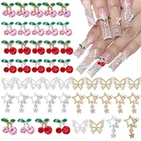 40 Pcs Alloy Nail Gems Charms, Silver Gold 3D Butterfly Dangle Star Nail Rhinestones Charms Pink Red Cherry Shiny Diamond Nail 1