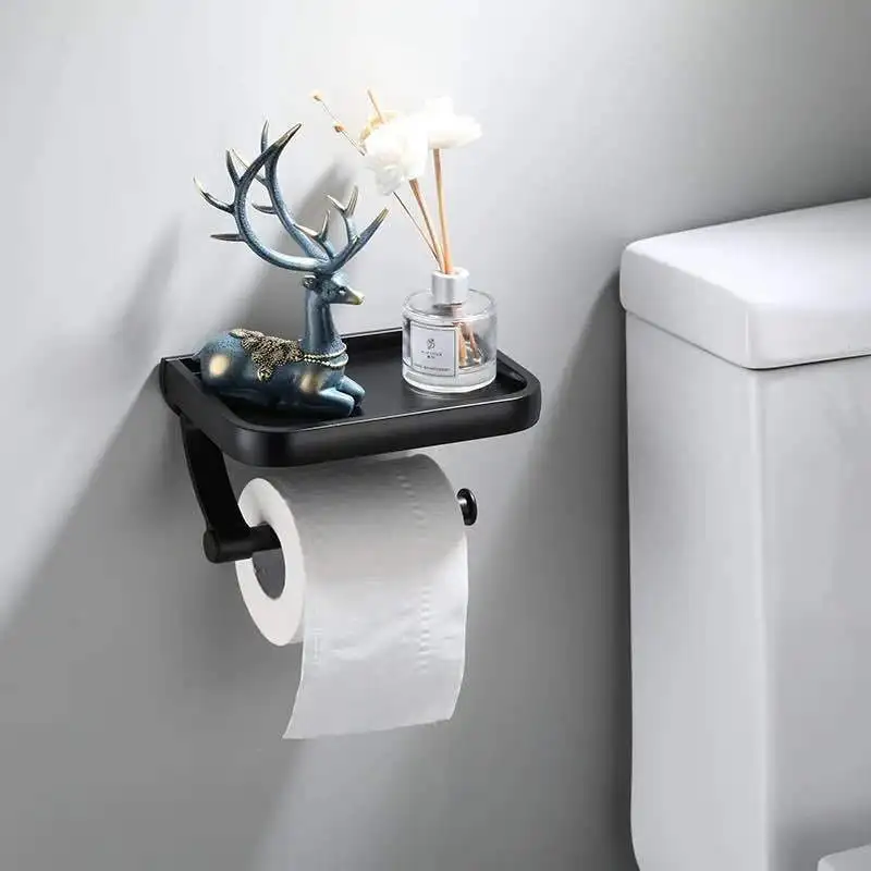 

ADOREHOUSE Wall Mounted Toilet Paper Holder Roll Holder With Phone Storage Shelf Aluminum Tissue Paper Rack Bathroom Accessories