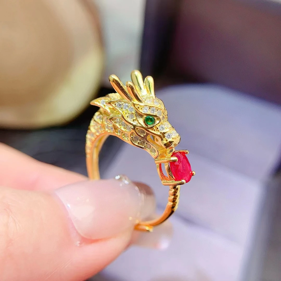 

Imperial Loong Ring for Men 4mm*5mm 0.4ct Heated Natural Ruby Ring 925 Silver Ruby Jewelry with Gold Plated