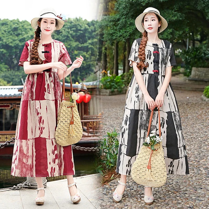 

Cotton and hemp short-sleeved dress summer new style Korean mid-length printed skirt