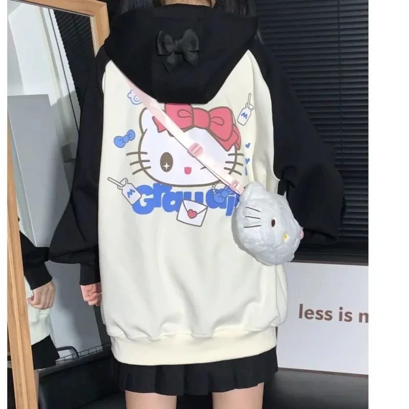 Sanrio Hello Kitty Hoodie Y2k Coat Women Japanese Cute Cat Jacket Sweet  Girl Plush Loose Thickened Cardigan Top Cusual Aesthetic