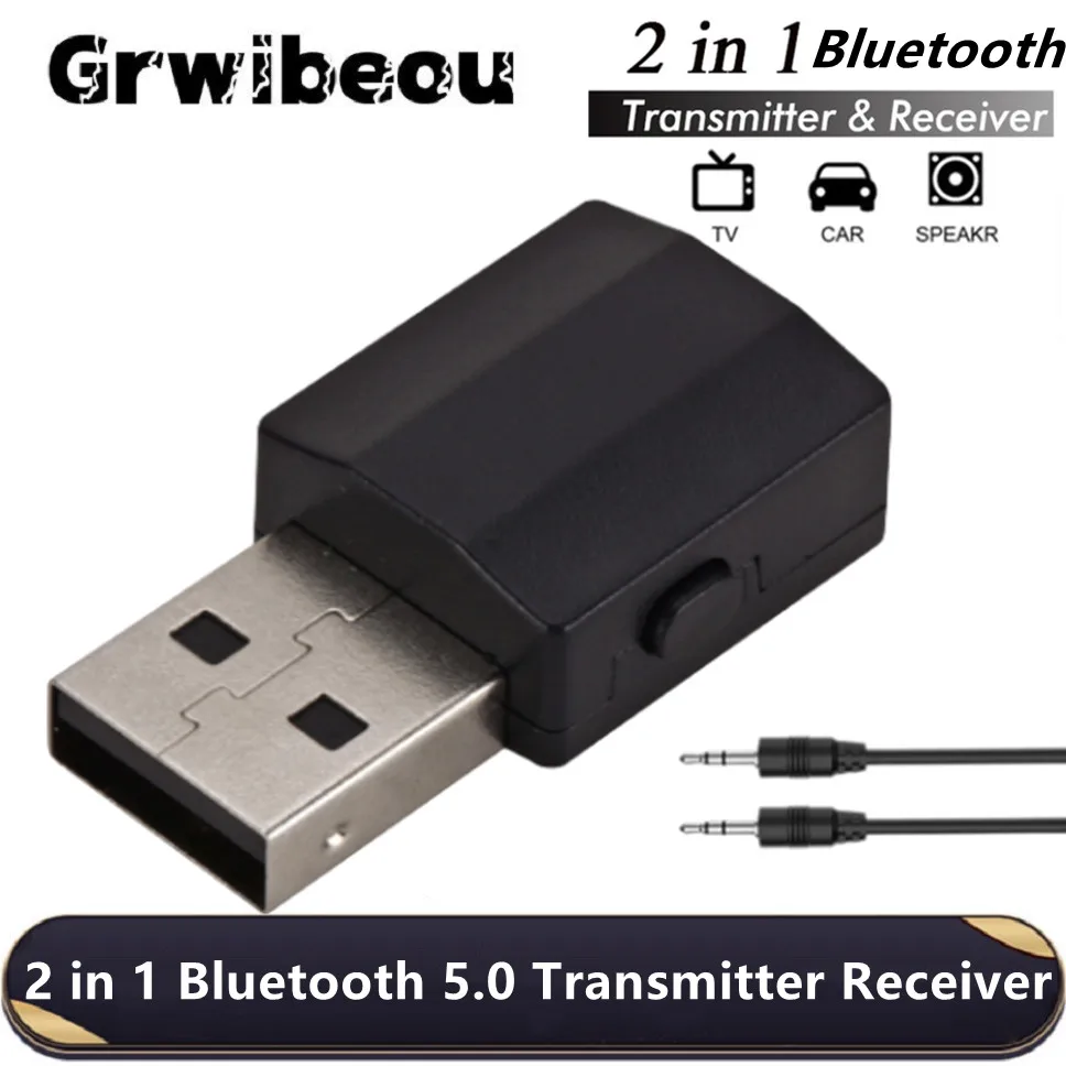 Grwibeou usb bluetooth 5.0 adaptador 2 em 1 receptor transmissor de áudio sem fio com 3.5mm jack aux para tv pc fones de ouvido casa carro