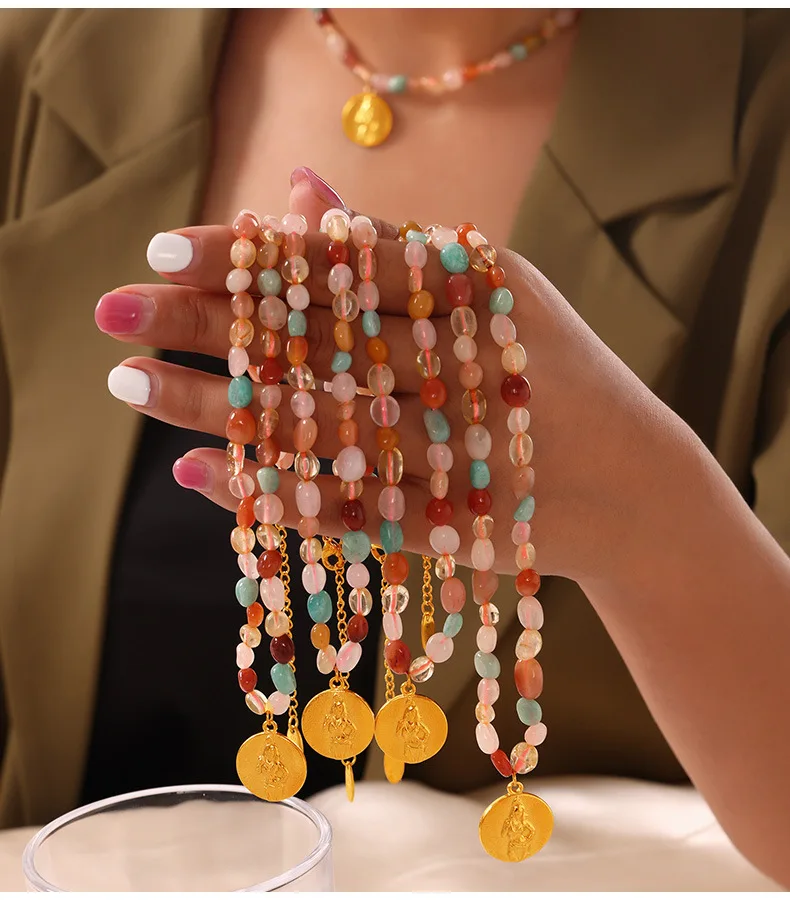 Bunte Naturstein-Halskette für Damen, Vintage-Stil, Edelstahl, vergoldet, runder Porträt-Anhänger, Damenschmuck – Detail 4