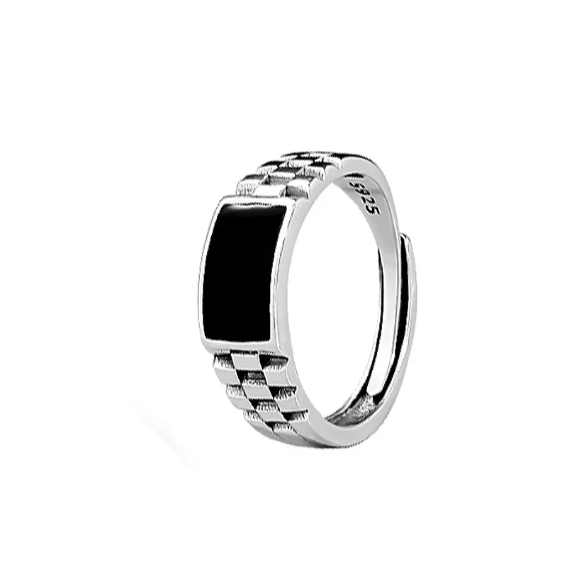 Silver Rings Silver Ring Wedding Rings Crystal Black Rectangle Ring Male Wedding Finger Accessories Classic Square Ring 925 Men Jewelry Adjustable