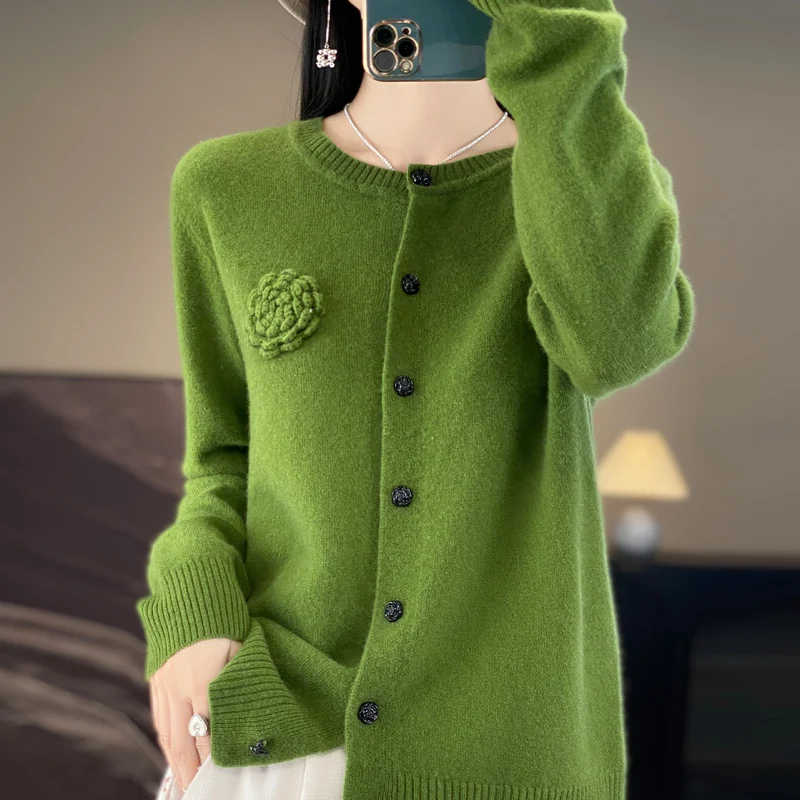 100% Merino Cashmere Sweater Women's Cashmere Cardigan sweater loose solid color autumn and winter comfort top 3
