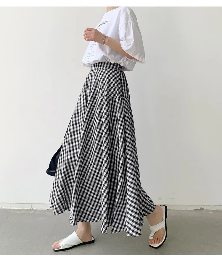 Korean Style Colored Plaid A-line Long Cotton Skirts 3