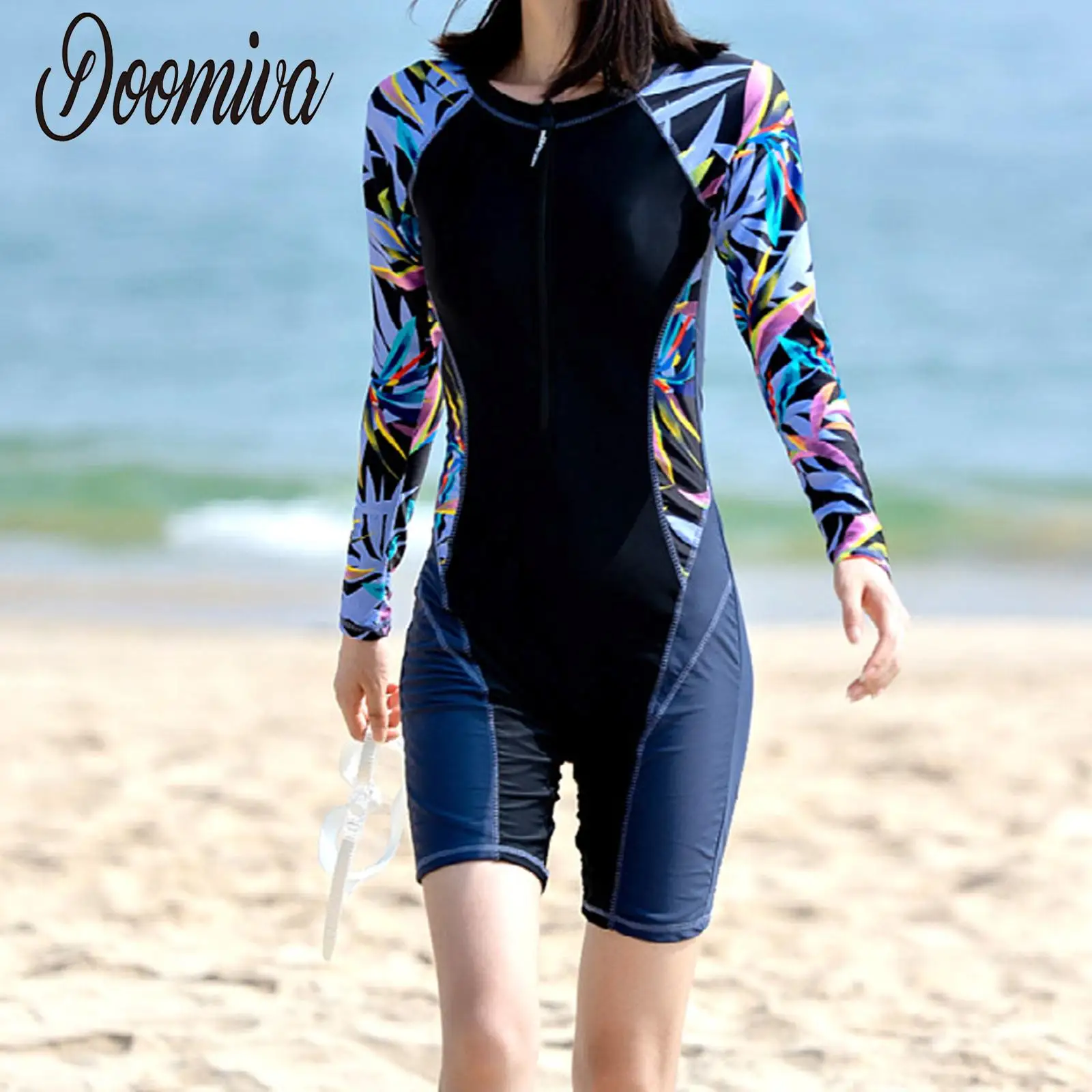

Womens Long Sleeve One-piece Body Wetsuit Anti UV Rashguard Surfing Bathing Swimwear Zipper Jumpsuits Swimming Swimsuit Diving