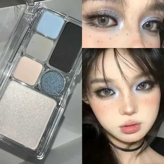 59249-586ea0.jpg 6 Colors Eye Shadow Palette Punk Smoky Black Glitter Pearly Eyeshadow Palette Korean Shiny Blue Eyeshadow Contour Blush Makeup