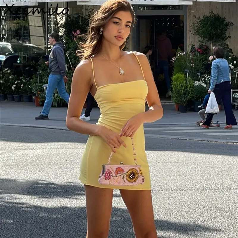 

Xeemilo Aesthetic Sleeveless Suspender Dress Elegant Spaghetti Strap Backless Sundresses Summer Streetwear Party Women's Cropped