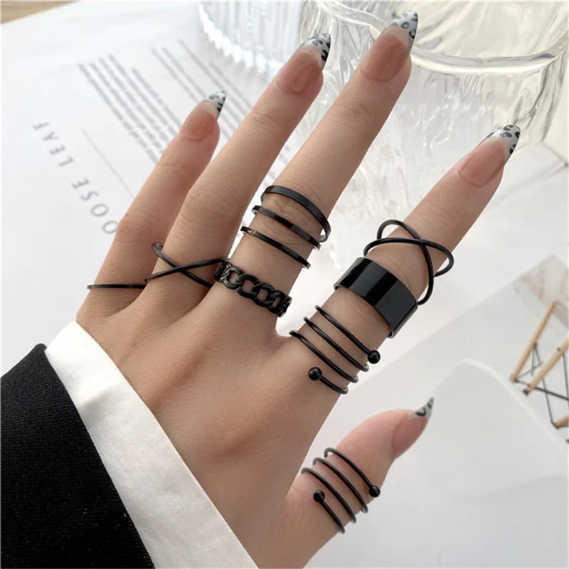 16Pcs/set Punk Finger Rings Minimalist Smooth Gold Color Black Geometric Metal Rings for Women Girls 2022 Trendy Party Jewelry 5