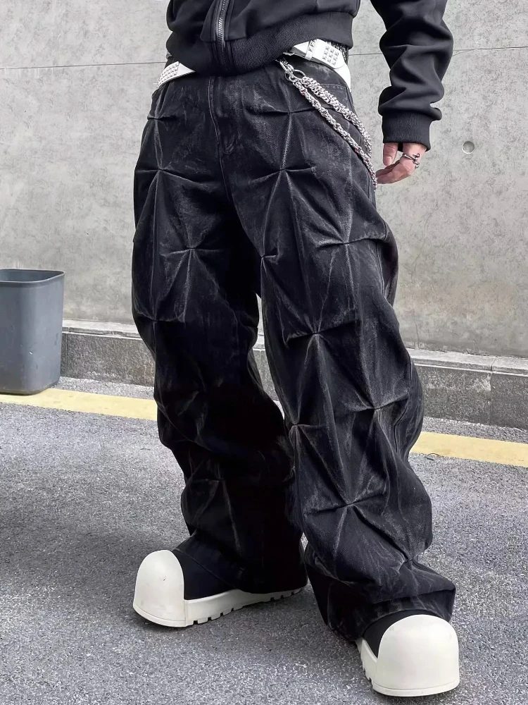 Mens Jeans Harajuku Y2K Streetwear Black Pleated Baggy Denim Pants High Street Hip Hop Wide Leg Loose Fit Casual Fashion Trend