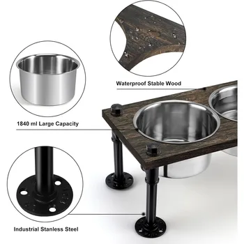Raised Dog Bowl Stand for Large Dogs | 2 Stainless Bowls & Waterproof Wood Base | Rustic Brown & Durable 3