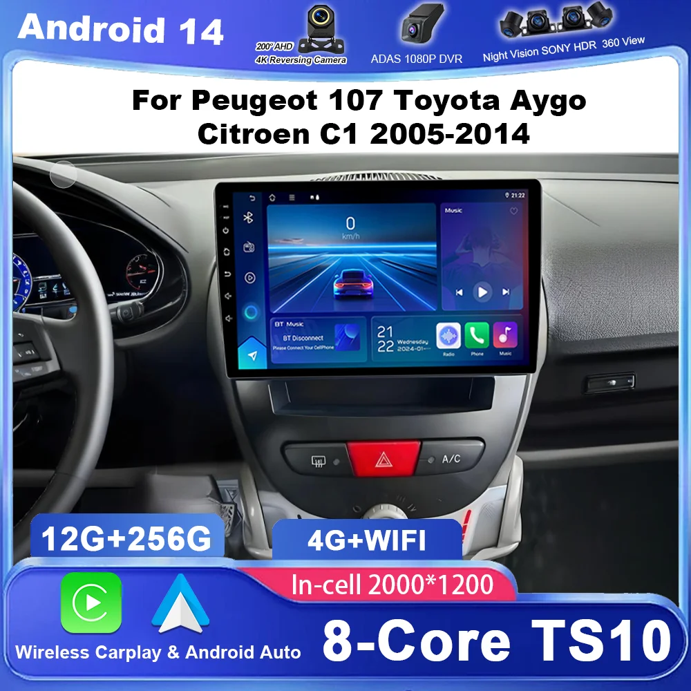 Car For Peugeot 107 Toyota Aygo Citroen C1 2005-2014 Auto Navigation Player Multimedia Android Auto Carplay 2Din DVD Stereo GPS Car Multimedia Player