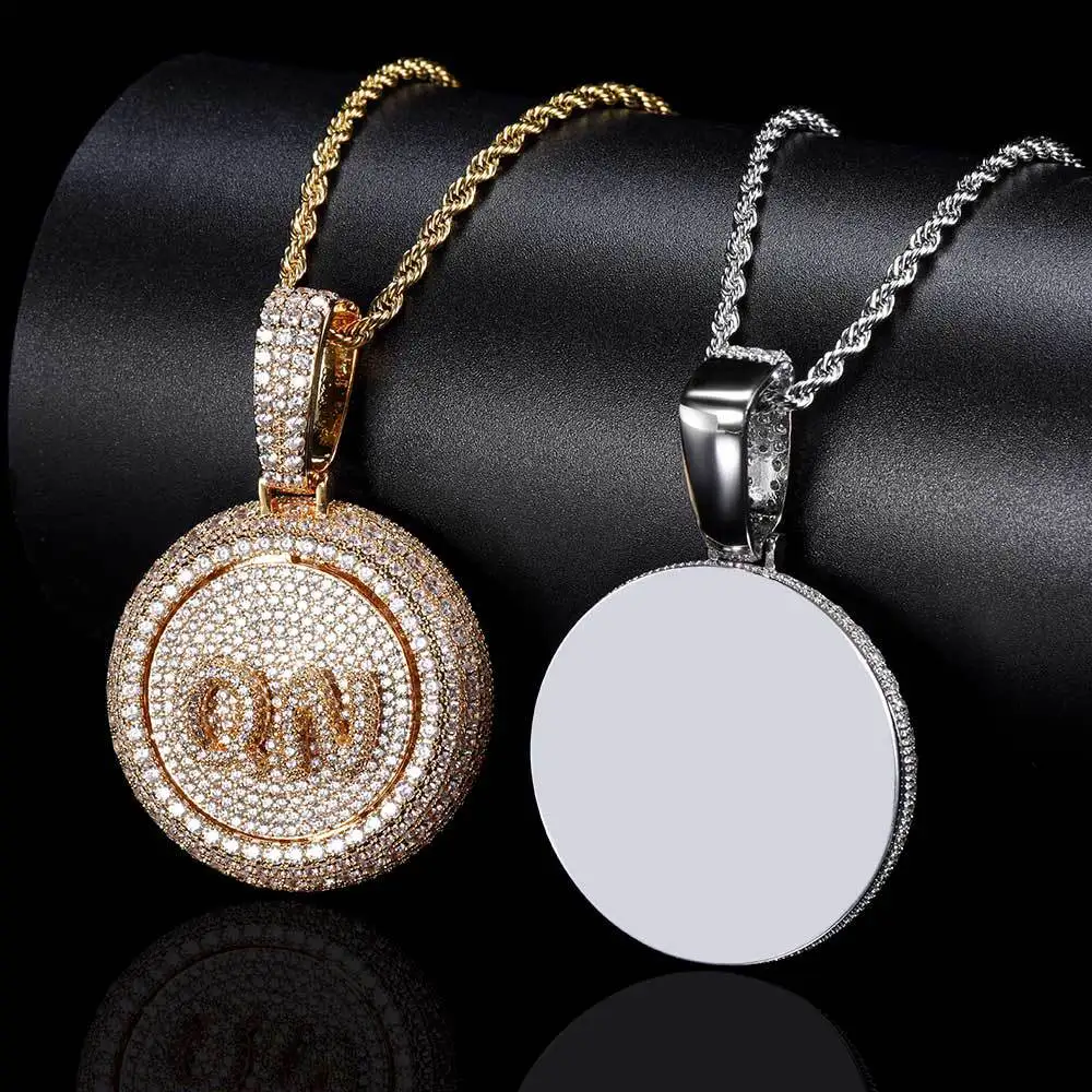 Disk Rotating Letter Round Shape Custom Pendant Zircon Personalized Name Initial Pendant Necklace