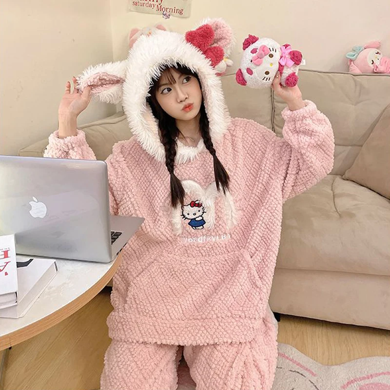 

Sanrio Women Pajamas Hello Kitty Kawaii Girl Autumn and Winter Hooded Cartoon Long Sleeves Tracksuit Flannel Suit Coral Fleece