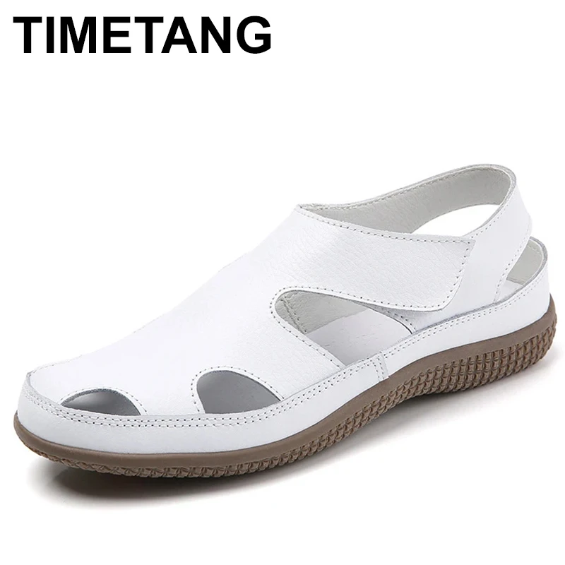 Women Sandals Genuine Leather Summer Ladies Comfortable Round Toe Ankle Hollow Sandals Female Soft Sole Sandals Woman