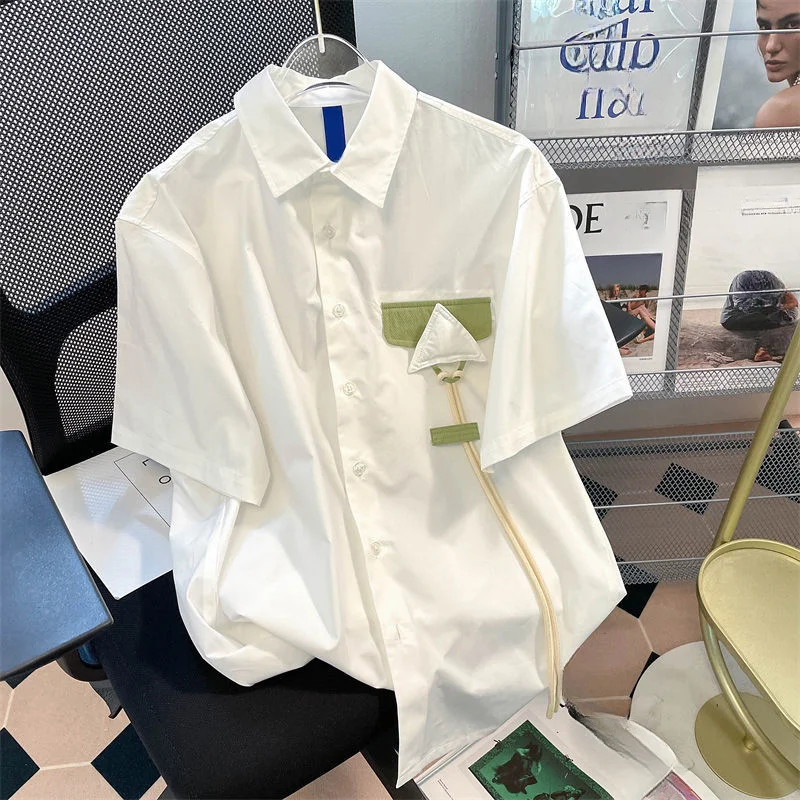 

EBAIHUI Color Blocking Strap Design Women's Short Sleeve Shirt Korean Minimalist Artistic Ladies Blouse Summer Loose Casual Top