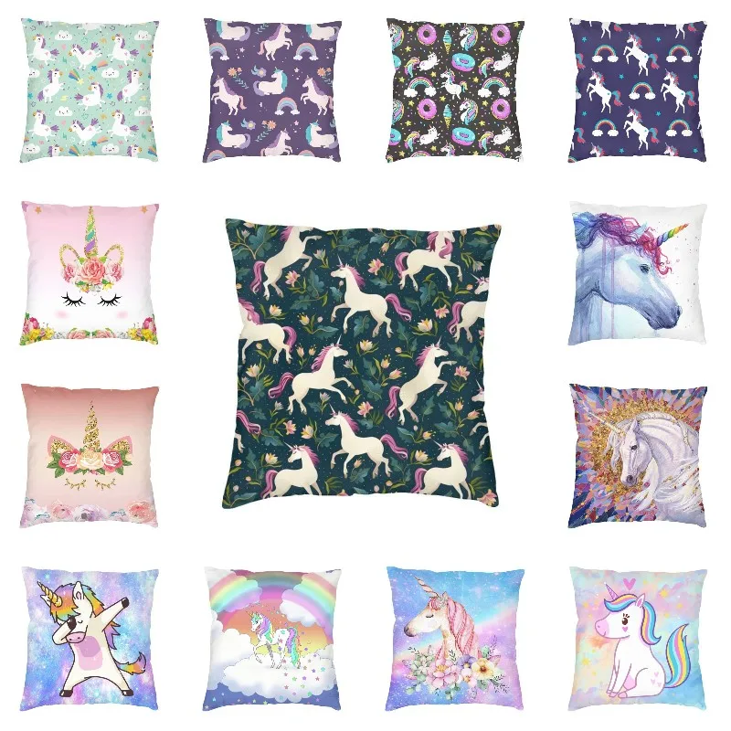 

Fairy Forest Unicorn Throw Pillow Cases Bedroom Decoration Fashion Sofa Cushion Cover Square Pillowcase Double-sided Printing