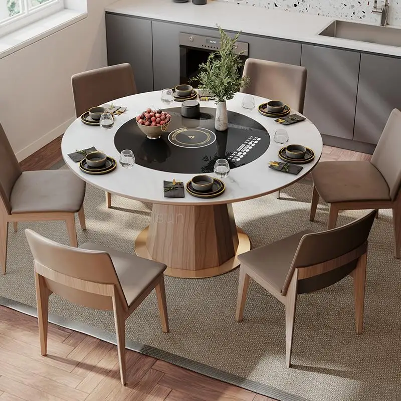 Built In Round Solid Wood Slate Dining Table Hot Pot Induction Cooker hot-pot-dining-table-pfunder-metalwerks
