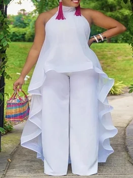 Summer 2 Piece Sets Womens Outfits Elegant Halter Neck Long Top Backless and Pants Chiffon White Sexy Casual Sets Ladies 1
