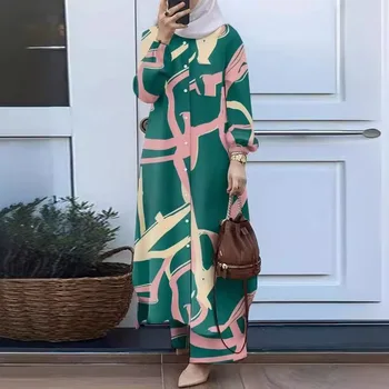 2024 Muslim Women Outfit Floral Print Two Piece Set Vintage Long Shirt Wide Leg Pants