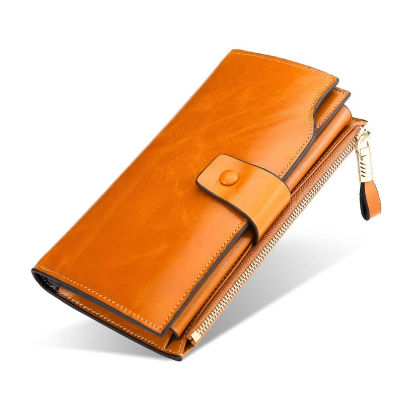 Multifunctional Womens RFID Blocking Large Capacity Luxury Waxed Split Leather