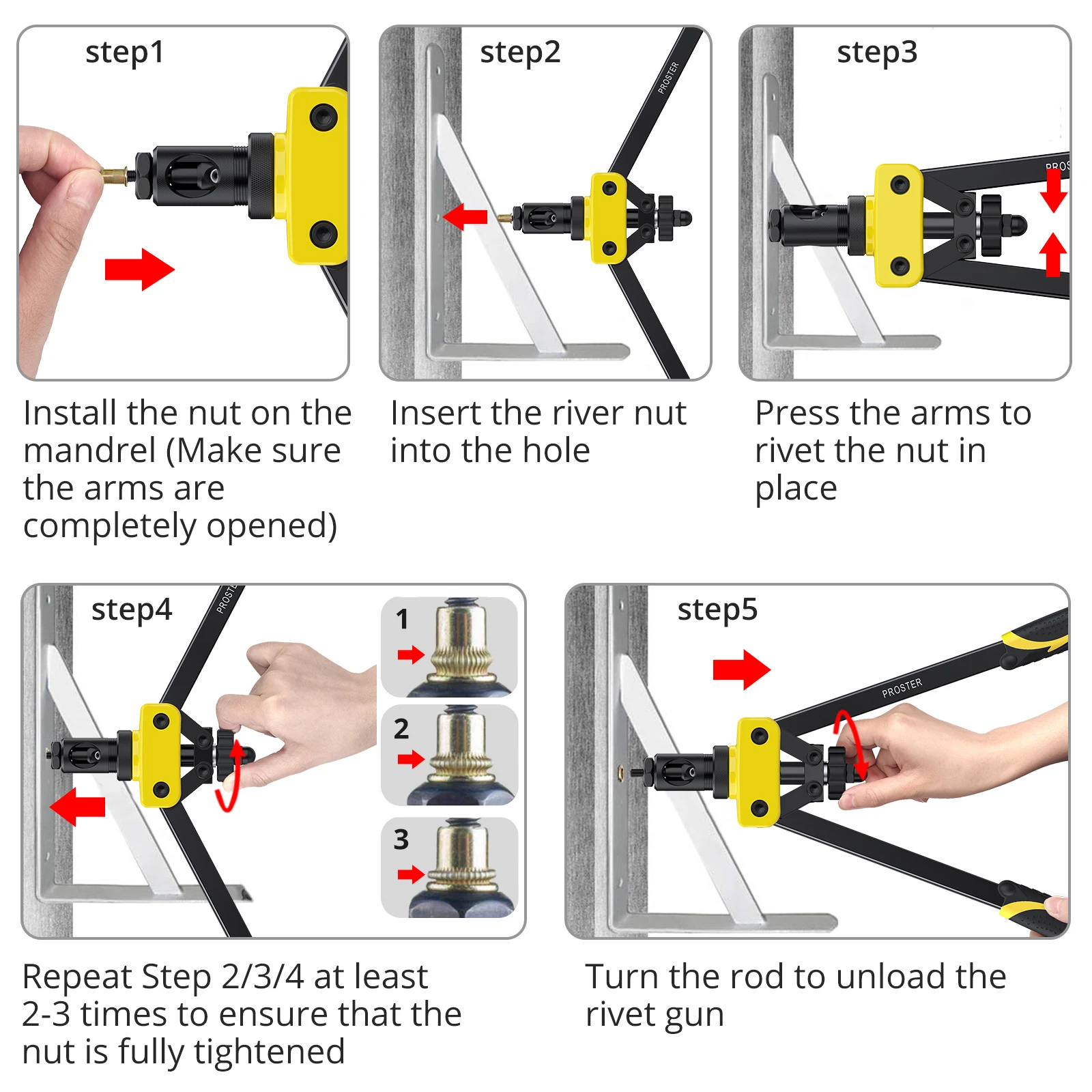 Proster 14" Heavy Duty Hand Rivet Nut/thread Setter Kit with 6pcs Metric Mandrels & 150Pcs Rivet Nut 4
