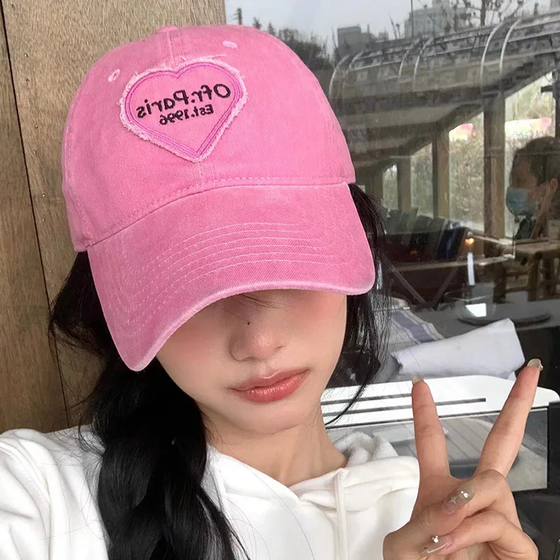 핑크 하트 야구 모자 여성 청바지 야구 모자