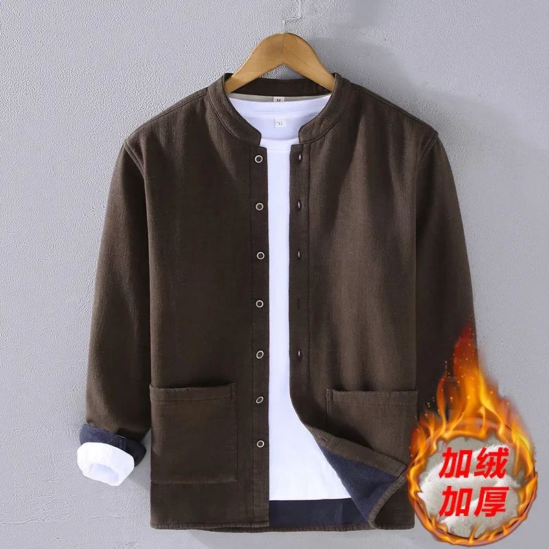 Cotton Linen Jacket Men Fleece Autumn Winter Stand-up Collar Pocket Long Sleeves Shirt Vintage Loose Coat Single-breasted Solid