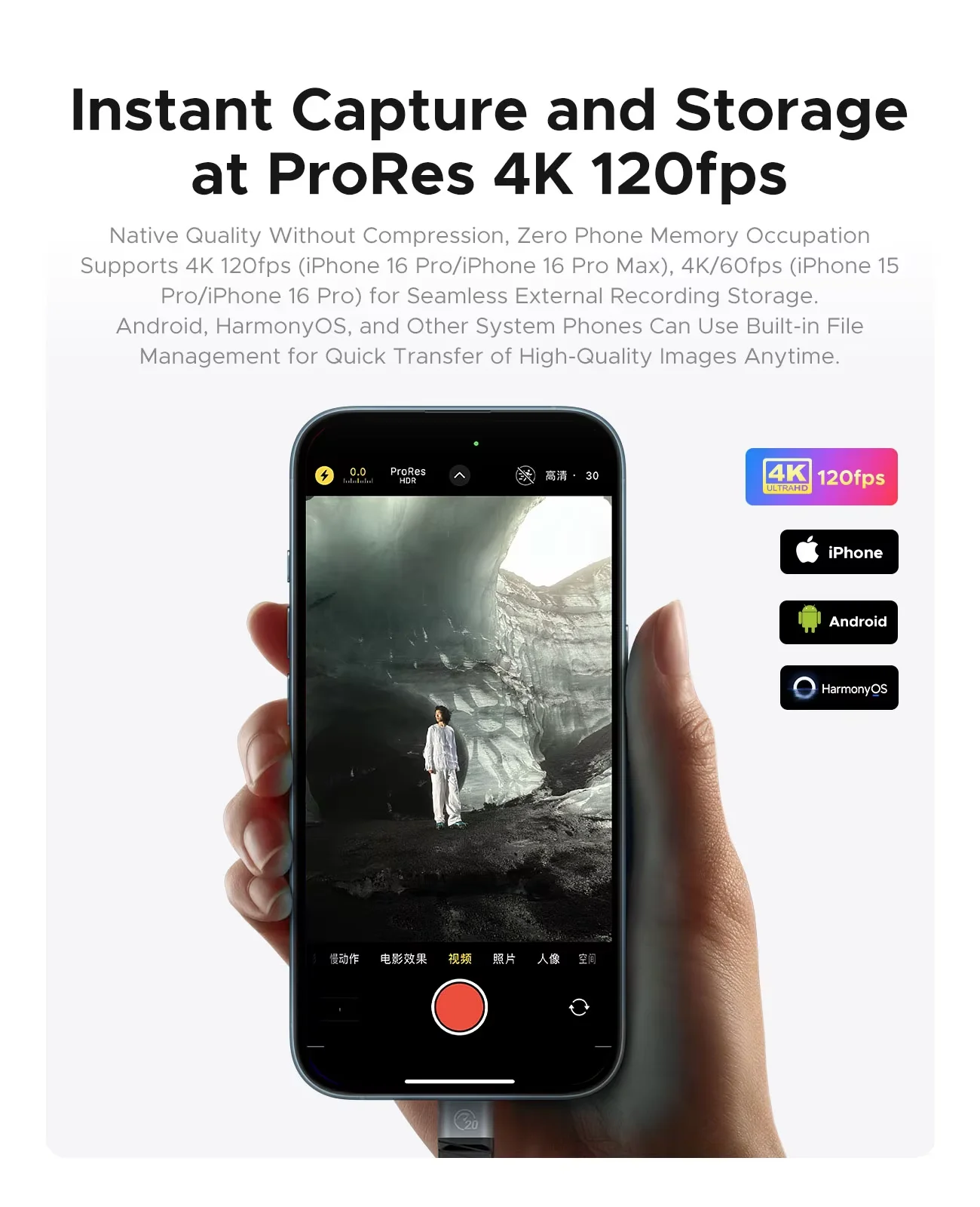 ORICO 마그네틱 PSSD 외장 디스크 (아이폰 16, 15 Pro/Max용) 최대 2000MB/s 속도, 4K ProRes HDR 녹화 저장, 360도 스탠드 포함 휴대용 SSD