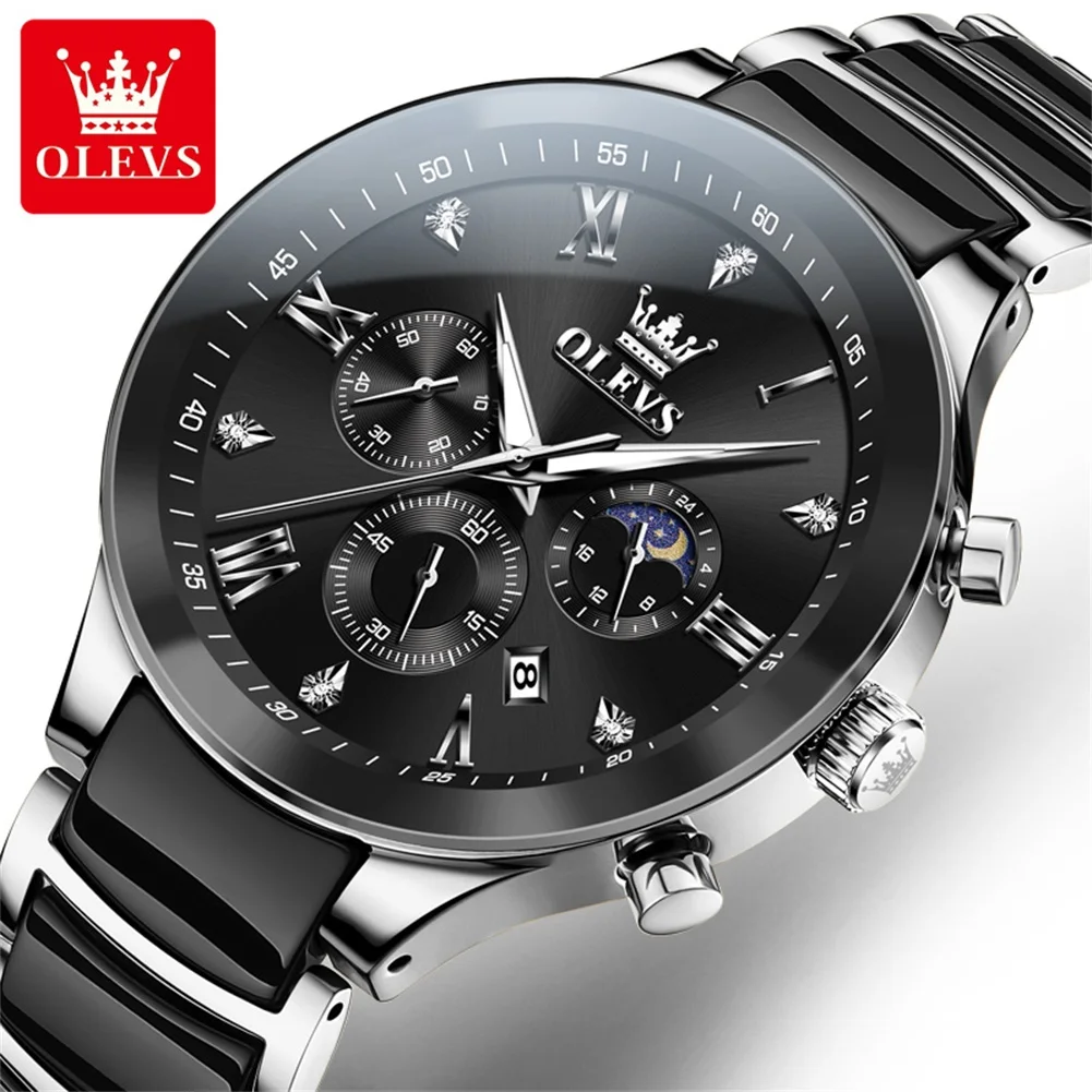 OLEVS 7004 Men's Watches Ceramic Band Chronograph Date Luminous Waterproof Luxury Quartz Watch Man TOP Brand Men Wristwatch Gift olevs original quartz watch for men luxury ceramic strap men s watches moon phase waterproof luminous wristwatch reloj de hombre