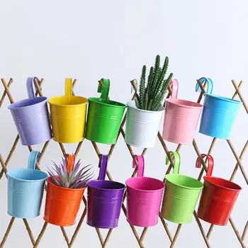 Iron Hanging Flower Pot Balcony Planter with Detachable Hook Solid Color Herb Pot for Indoor Windows Garden Fence Railing