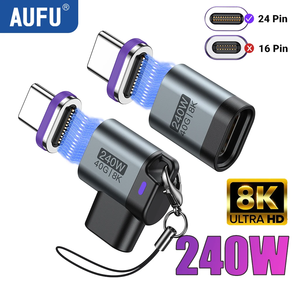 محول مغناطيسي AUFU USB4 Thunderbolt3 USB C بقوة 240 واط وسرعة 40 جيجابت، محول USB C أنثى مغناطيسي للشحن السريع، محول OTG من نوع USB C بدقة 8K@60Hz