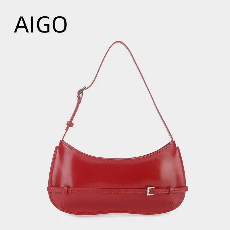 

AIGO French Niche Design Leather Shoulder Handbag Women's High-End Party Red Wedding Bag Fashion Handheld Underarm Bag Girl Hobo