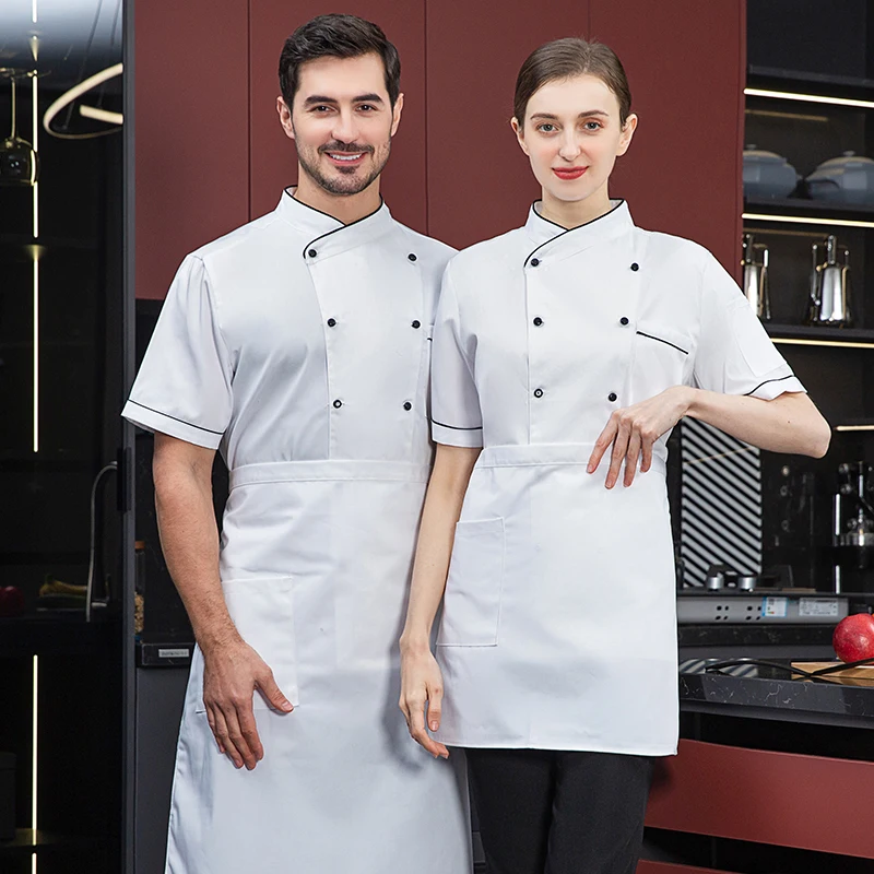 Chef Uniform Waiter Work Uniform Free Short Sleeve coat Chef Uniform Breathable Kitchen Cooking Jacket Restaurant Hotel Cafe Barber Waiter Work Shirt Unisex