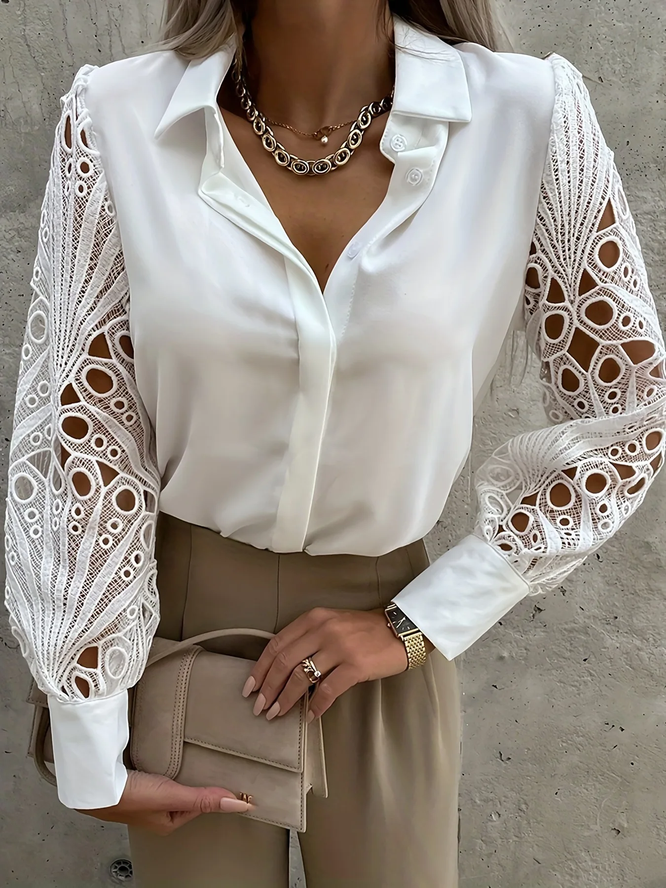 

Amazon Cross border Women's Fashion Popular Lazy Shirt Spring/Summer New Gentle Fashion Women's Lace Splice Shirt Shirt