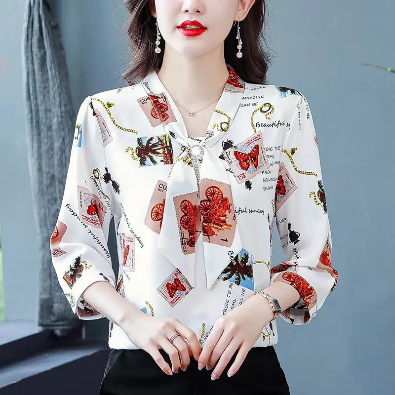 

Spring Summer Commute Blouse Stylish Printed Blouse Female Elegant V-Neck Drawstring Bow Chic Three-dimensional Decoration Shirt