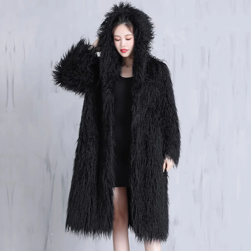 

Long Fur Coat for Women, Hooded Loose Wool Coat, Fluffy Winter Coat, Korean Fashion, 2023